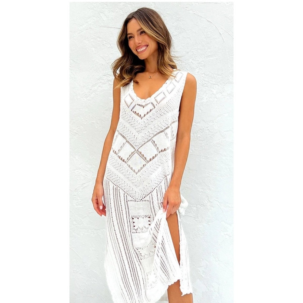 White Crochet Knit Midi Dress Cover Up LARGE NWT